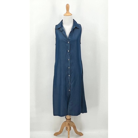 ENZA COSTA Dress Womens Small 1 Blue Chambray Denim Snap Front Sleeveless FLAWS - Picture 1 of 13